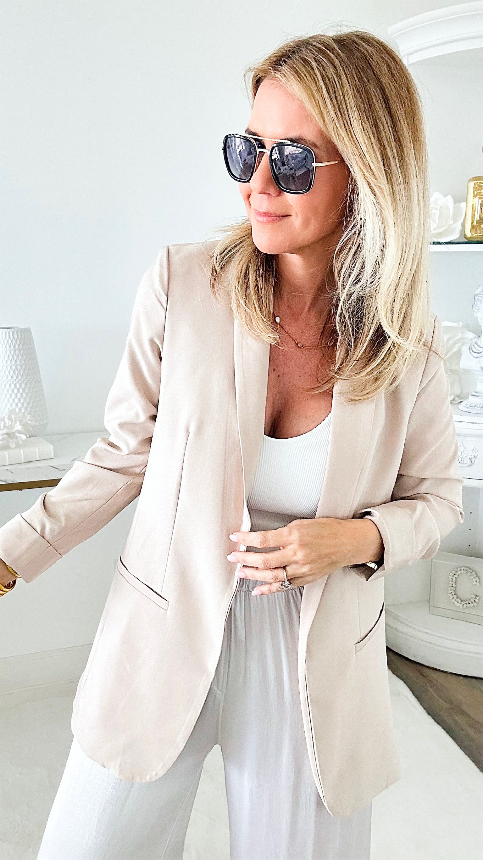 Woven Vertigo Blazer - Beige-160 Jackets-Love Tree Fashion-Coastal Bloom Boutique, find the trendiest versions of the popular styles and looks Located in Indialantic, FL