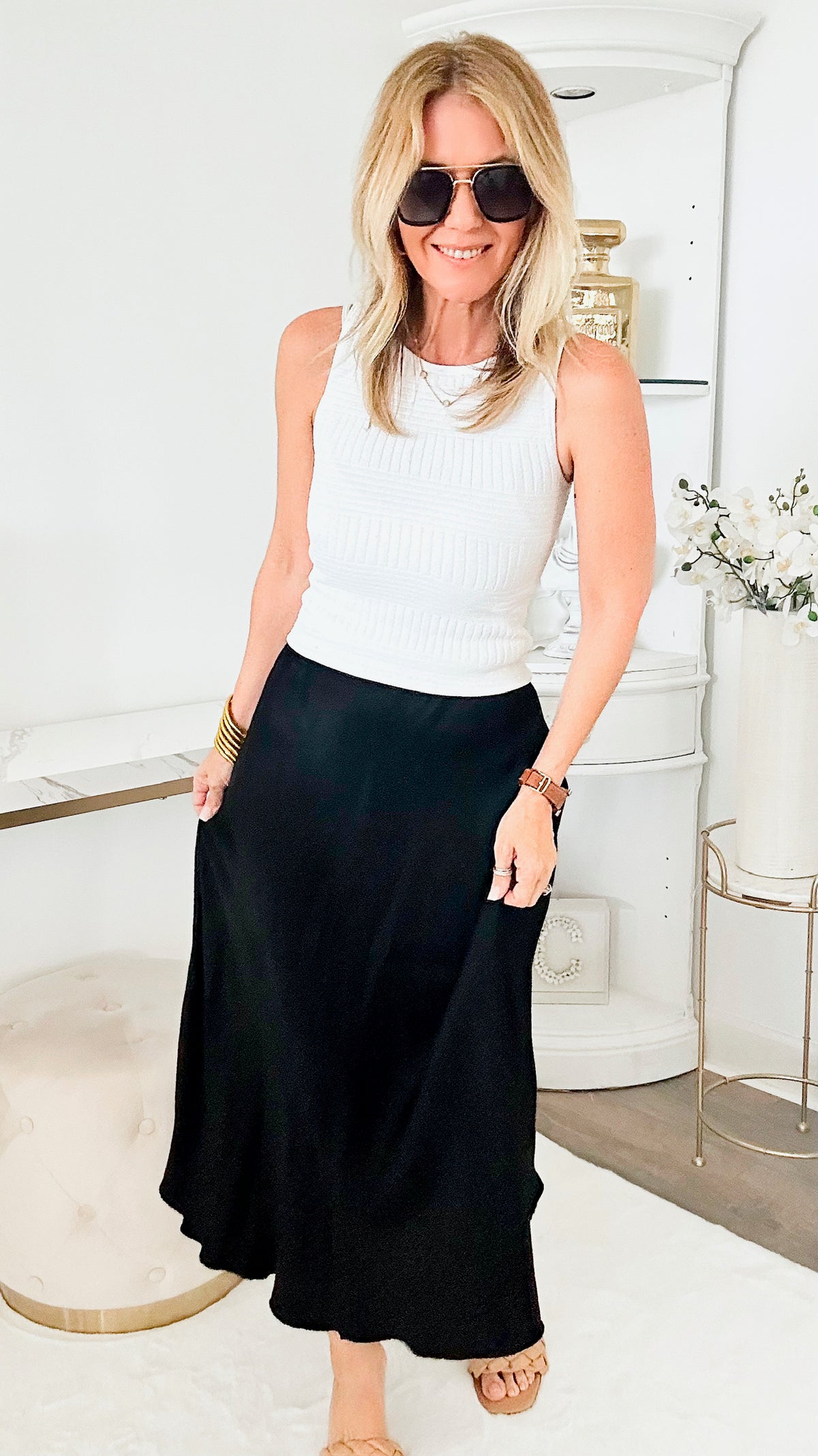 Brooklyn Italian Satin Midi Skirt - Black-170 Bottoms-Yolly-Coastal Bloom Boutique, find the trendiest versions of the popular styles and looks Located in Indialantic, FL