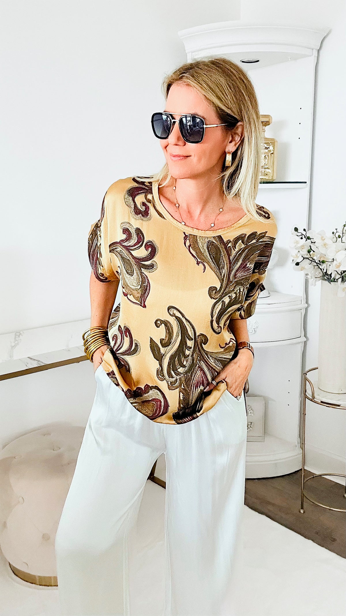 Paisley Oversized Shirt - Gold-110 Short Sleeve Tops-Venti6 Outlet-Coastal Bloom Boutique, find the trendiest versions of the popular styles and looks Located in Indialantic, FL