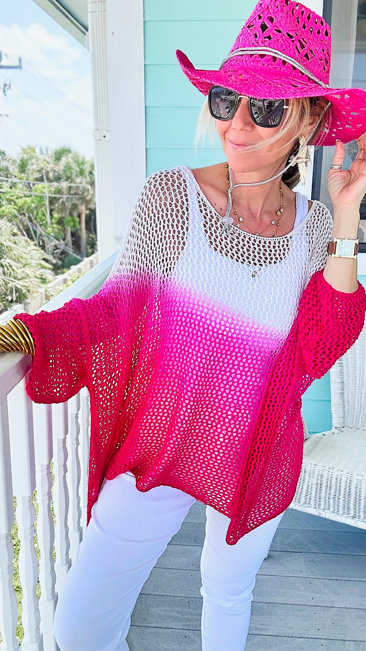 Ombre Crochet Netted Italian Pullover - Fuchsia-140 Sweaters-Yolly-Coastal Bloom Boutique, find the trendiest versions of the popular styles and looks Located in Indialantic, FL