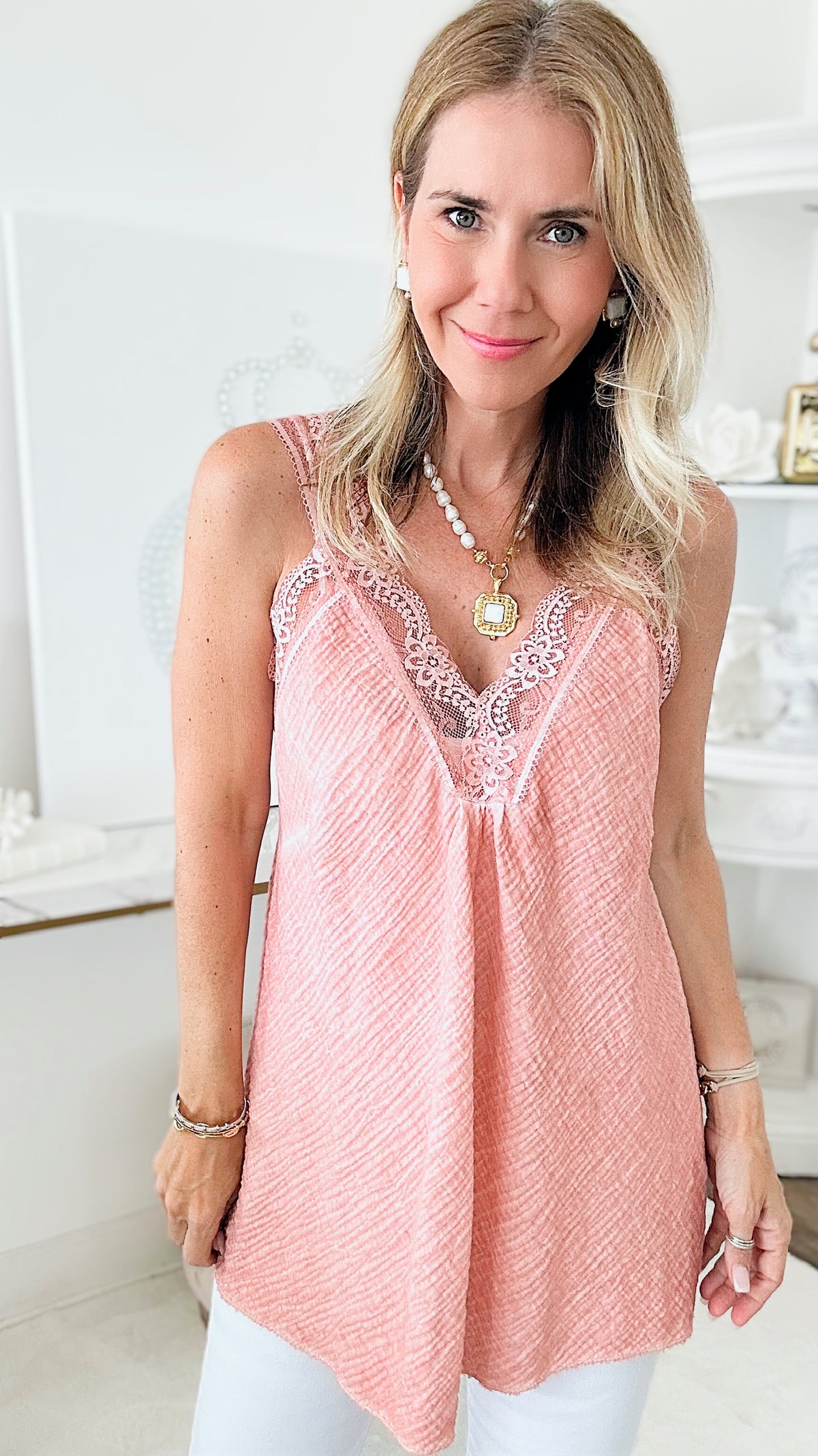 Elegant Italian Lace & Crinkle Top - Dusty Blush-100 Sleeveless Tops-Germany-Coastal Bloom Boutique, find the trendiest versions of the popular styles and looks Located in Indialantic, FL