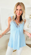 Elegant Italian Lace & Crinkle Top - Baby Blue-100 Sleeveless Tops-Germany-Coastal Bloom Boutique, find the trendiest versions of the popular styles and looks Located in Indialantic, FL