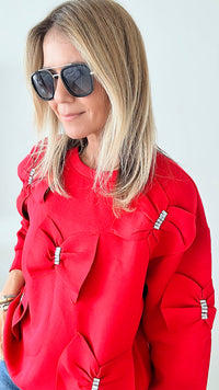 Fiora French Scuba Ribbon-Bow Sweatshirt - Red-130 Long Sleeve Tops-Joh Apparel-Coastal Bloom Boutique, find the trendiest versions of the popular styles and looks Located in Indialantic, FL