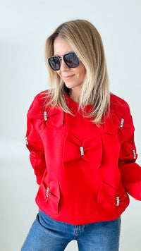 Fiora French Scuba Ribbon-Bow Sweatshirt - Red-130 Long Sleeve Tops-Joh Apparel-Coastal Bloom Boutique, find the trendiest versions of the popular styles and looks Located in Indialantic, FL