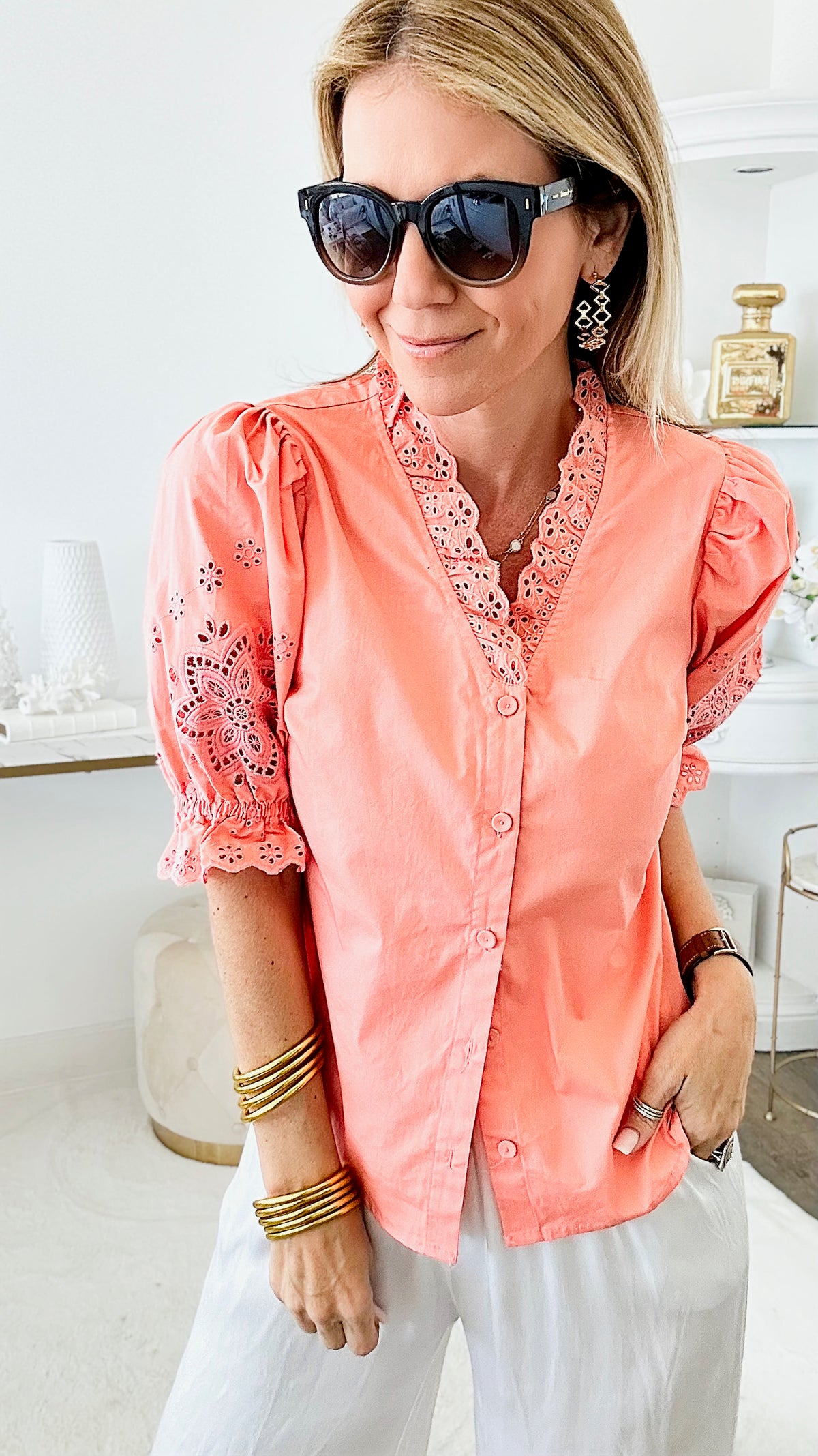 Embroidered Eyelet Button Down Shirt - Coral-110 Short Sleeve Tops-pastel design-Coastal Bloom Boutique, find the trendiest versions of the popular styles and looks Located in Indialantic, FL