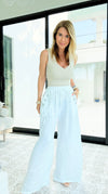 DAMAGED- Ease Embellished Linen Italian Relaxed Pant- White-100 Pants-TATTOO Z-Coastal Bloom Boutique, find the trendiest versions of the popular styles and looks Located in Indialantic, FL