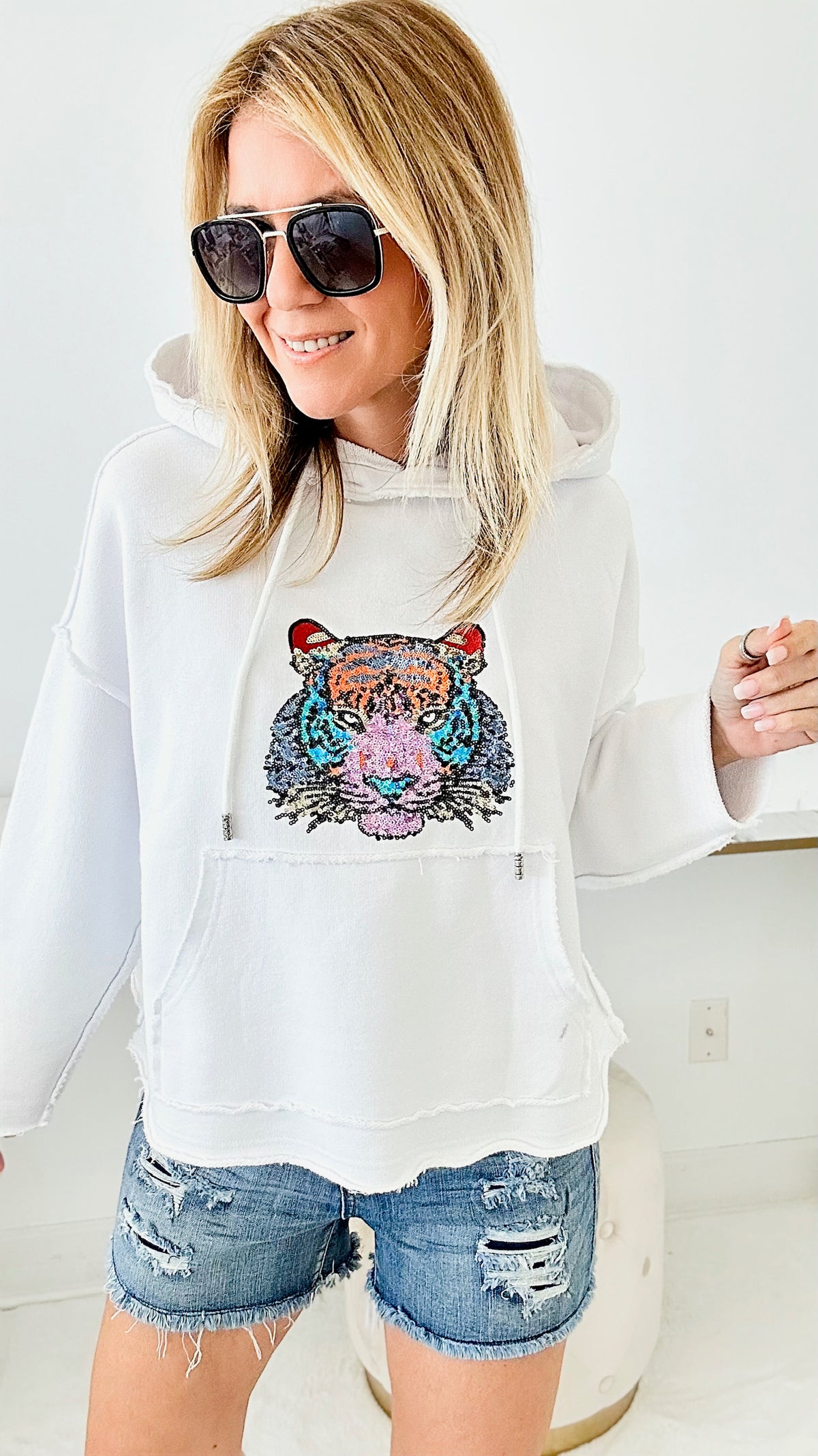 Wild Sequin Terry Hooded Pullover-130 Long Sleeve Tops-Blue B-Coastal Bloom Boutique, find the trendiest versions of the popular styles and looks Located in Indialantic, FL
