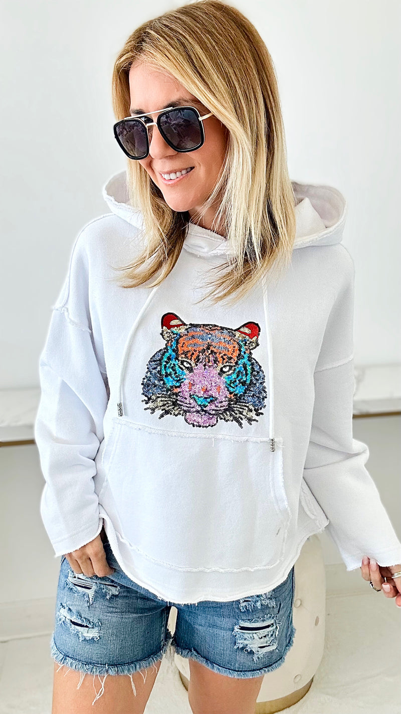 Wild Sequin Terry Hooded Pullover-130 Long Sleeve Tops-Blue B-Coastal Bloom Boutique, find the trendiest versions of the popular styles and looks Located in Indialantic, FL