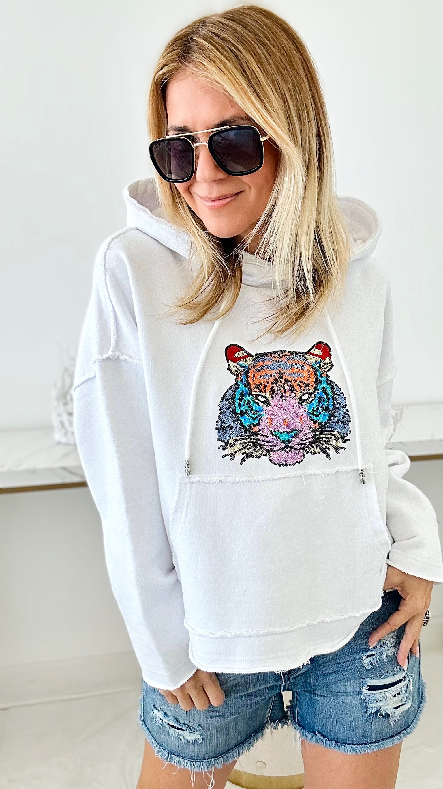 Wild Sequin Terry Hooded Pullover-130 Long Sleeve Tops-Blue B-Coastal Bloom Boutique, find the trendiest versions of the popular styles and looks Located in Indialantic, FL