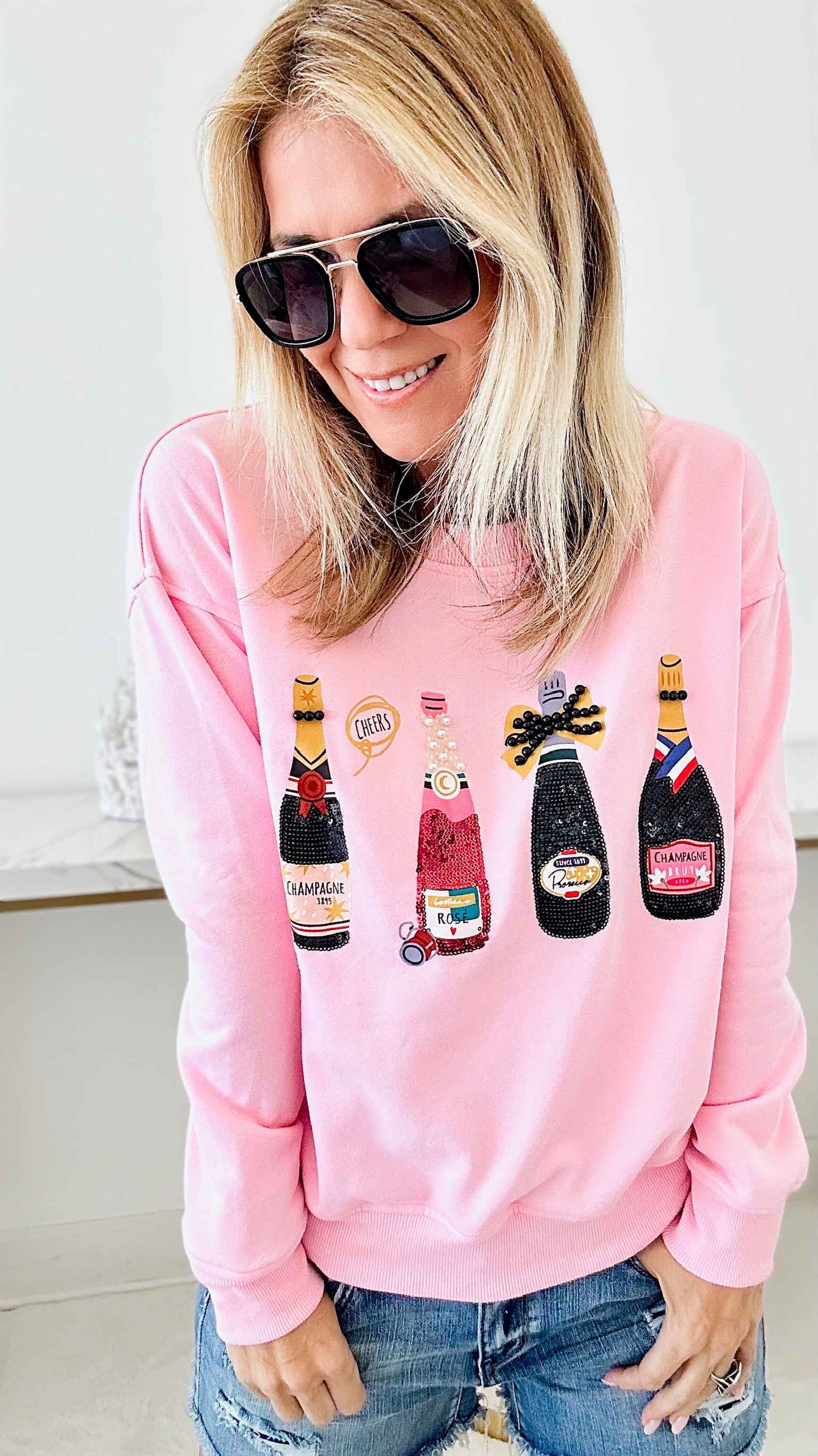 Champagne Obsessed Sweatshirt - Pink-130 Long Sleeve Tops-Why Dress-Coastal Bloom Boutique, find the trendiest versions of the popular styles and looks Located in Indialantic, FL