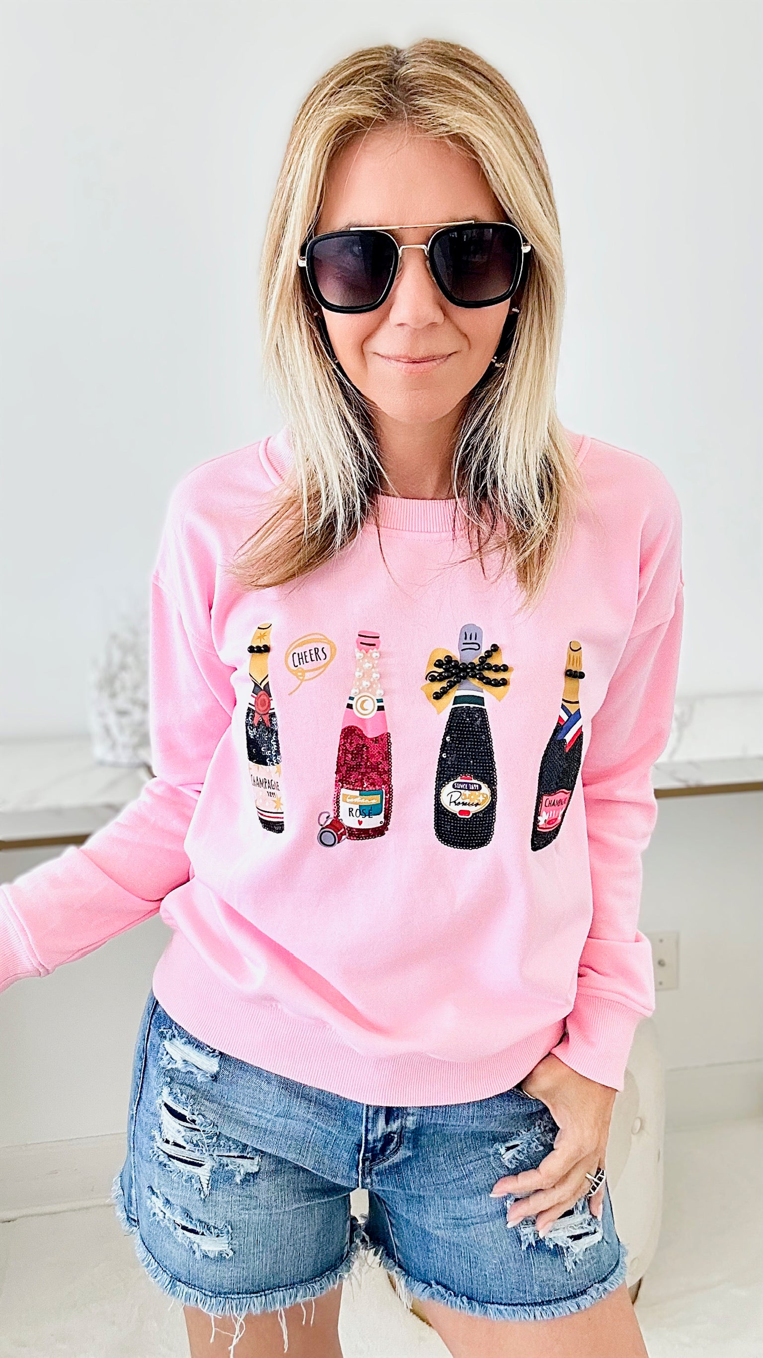 Champagne Obsessed Sweatshirt - Pink-130 Long Sleeve Tops-Why Dress-Coastal Bloom Boutique, find the trendiest versions of the popular styles and looks Located in Indialantic, FL