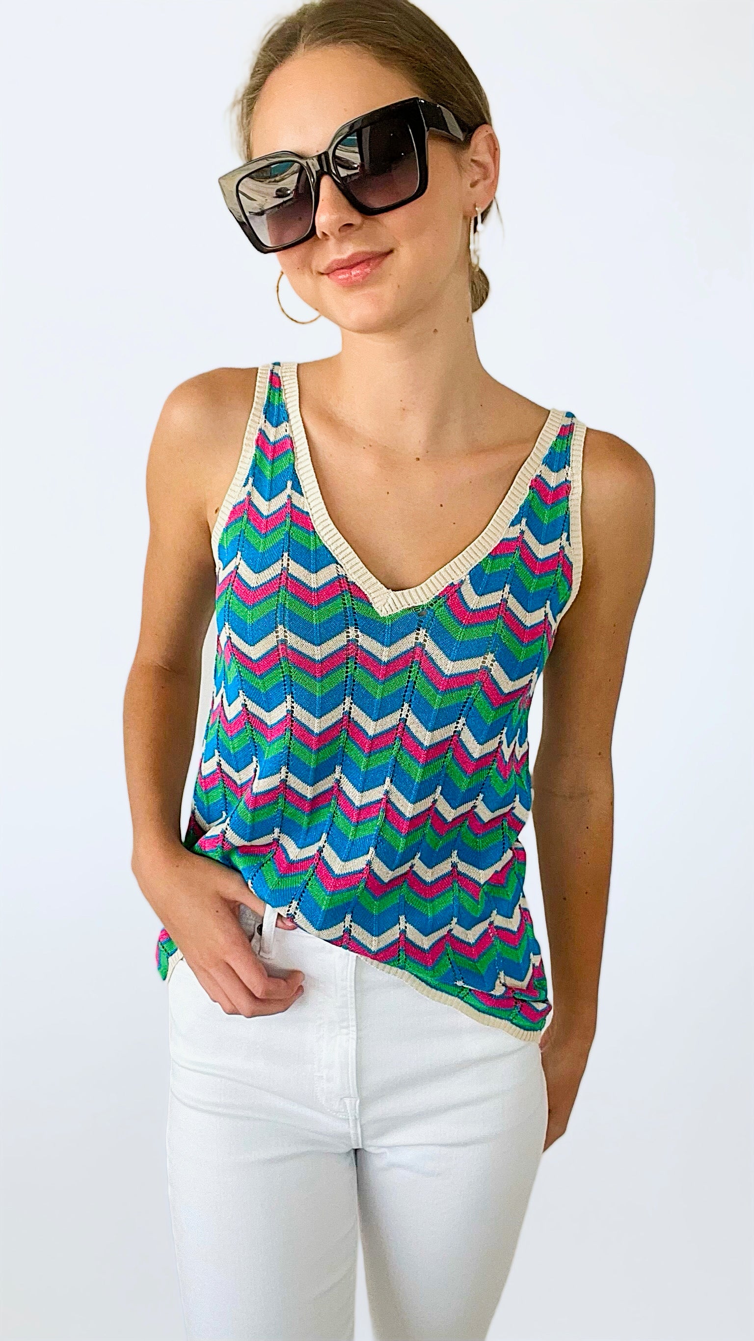 Italian Crochet Chevron Knit Tank - Multi/Taupe-140 Sweaters-Germany-Coastal Bloom Boutique, find the trendiest versions of the popular styles and looks Located in Indialantic, FL