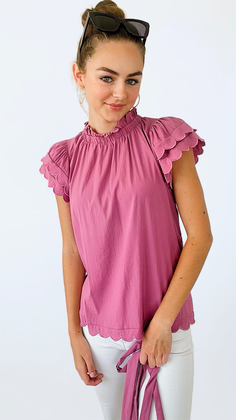 Mauve Ruffle Tie Waist Blouse Top-110 Short Sleeve Tops-pastel design-Coastal Bloom Boutique, find the trendiest versions of the popular styles and looks Located in Indialantic, FL