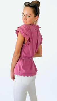Mauve Ruffle Tie Waist Blouse Top-110 Short Sleeve Tops-pastel design-Coastal Bloom Boutique, find the trendiest versions of the popular styles and looks Located in Indialantic, FL