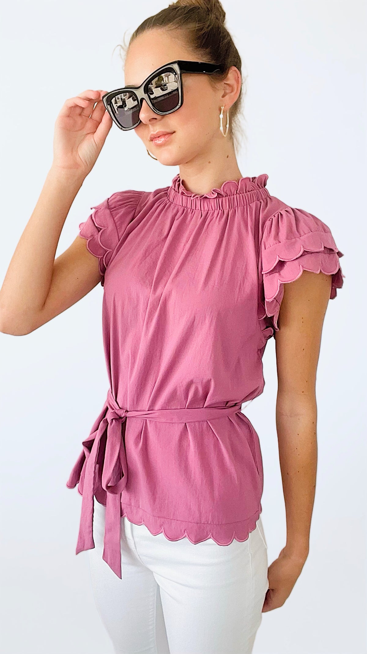 Mauve Ruffle Tie Waist Blouse Top-110 Short Sleeve Tops-pastel design-Coastal Bloom Boutique, find the trendiest versions of the popular styles and looks Located in Indialantic, FL