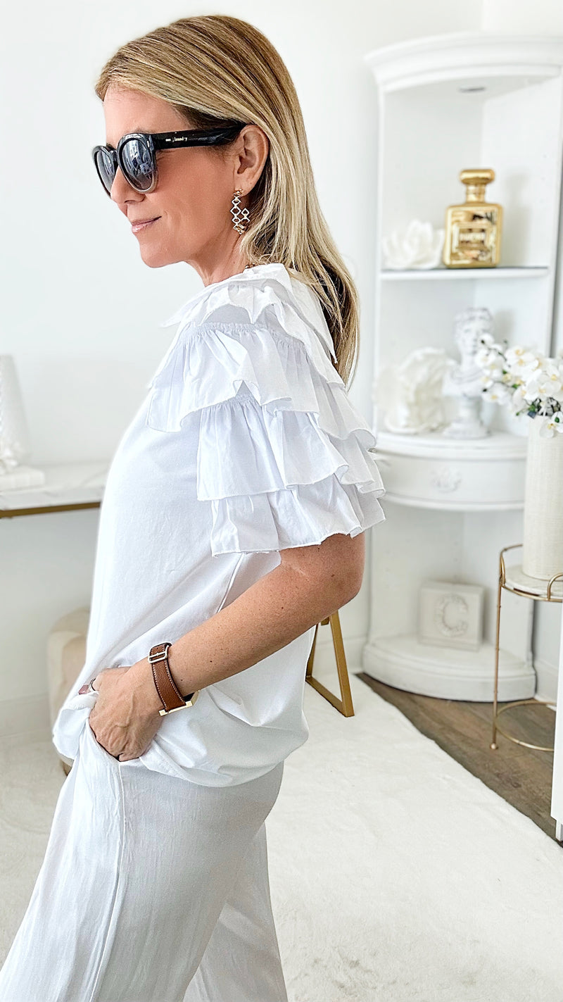 Trixie One Ruffle Shoulder Top - Off White-110 Short Sleeve Tops-MAZIK-Coastal Bloom Boutique, find the trendiest versions of the popular styles and looks Located in Indialantic, FL