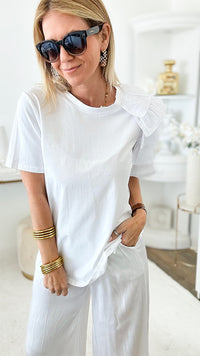 Trixie One Ruffle Shoulder Top - Off White-110 Short Sleeve Tops-MAZIK-Coastal Bloom Boutique, find the trendiest versions of the popular styles and looks Located in Indialantic, FL