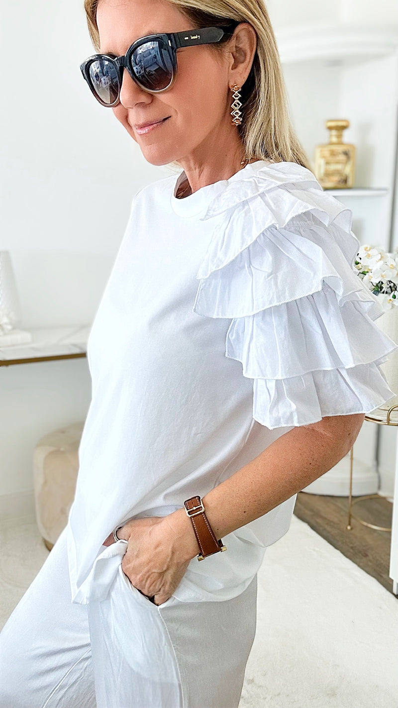 Trixie One Ruffle Shoulder Top - Off White-110 Short Sleeve Tops-MAZIK-Coastal Bloom Boutique, find the trendiest versions of the popular styles and looks Located in Indialantic, FL