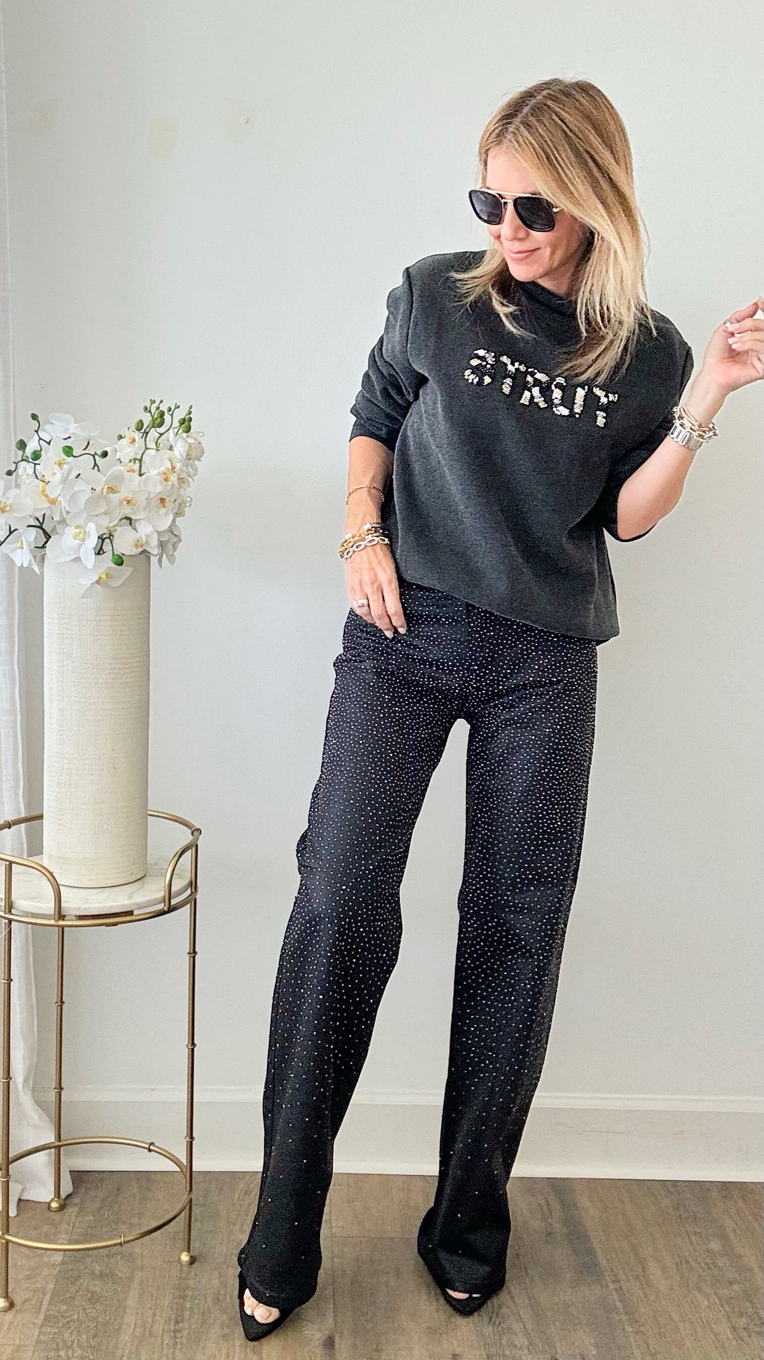 Mid Rise Coated in Rhinestone Cross Over Jeans-170 Bottoms-Vibrant M.i.U-Coastal Bloom Boutique, find the trendiest versions of the popular styles and looks Located in Indialantic, FL
