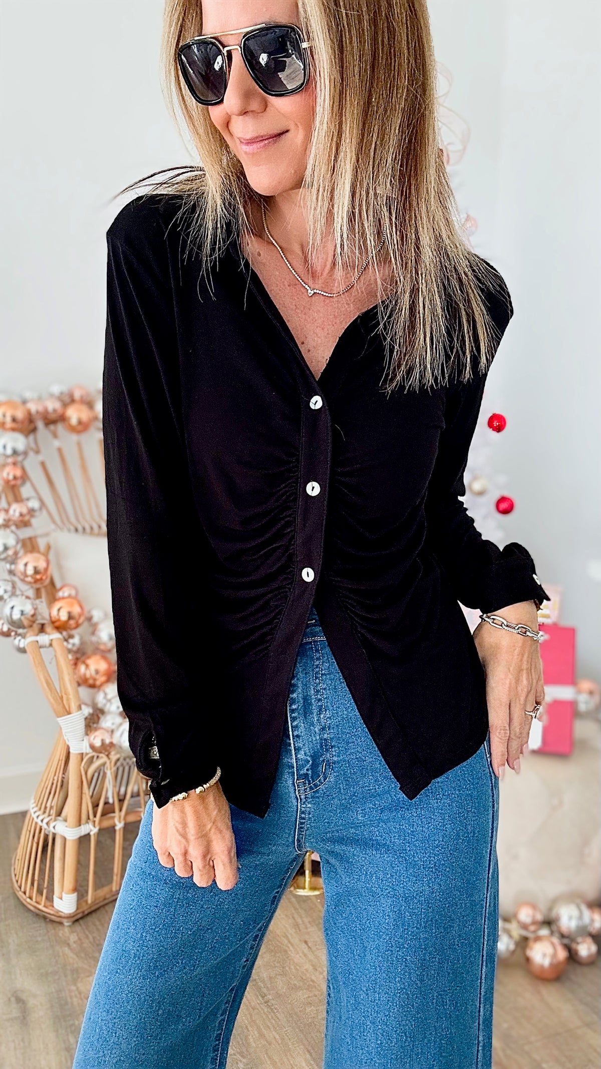 Ruched Button Down Blouse - Black-130 Long Sleeve Tops-Zenana-Coastal Bloom Boutique, find the trendiest versions of the popular styles and looks Located in Indialantic, FL
