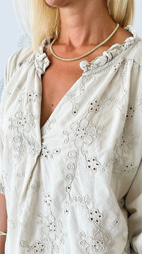 Floral Embroidered Italian Blouse - Ecru-110 Short Sleeve Tops-Germany-Coastal Bloom Boutique, find the trendiest versions of the popular styles and looks Located in Indialantic, FL