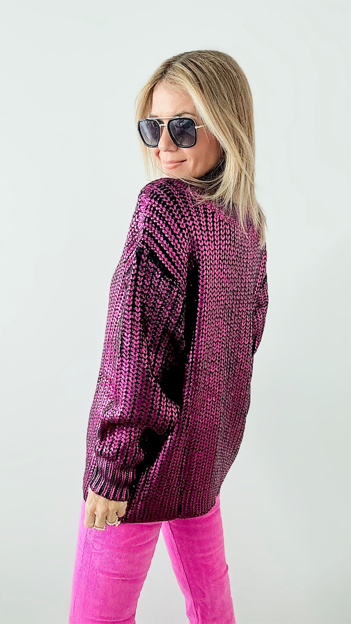 Chunky Metallic Knit Sweater - Magenta-140 Sweaters-Fore Collection-Coastal Bloom Boutique, find the trendiest versions of the popular styles and looks Located in Indialantic, FL