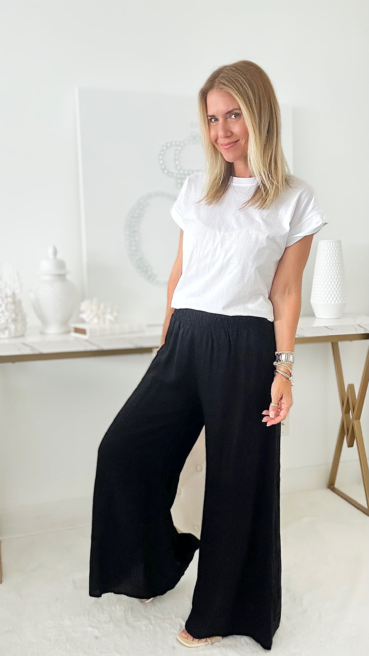Born Free Linen Italian Palazzo - Black-170 Bottoms-Italianissimo-Coastal Bloom Boutique, find the trendiest versions of the popular styles and looks Located in Indialantic, FL