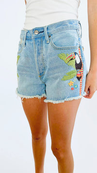 Tropical Toucan Embroidered Jean Shorts-190 Denim-AV Denim - Driftwood-Coastal Bloom Boutique, find the trendiest versions of the popular styles and looks Located in Indialantic, FL