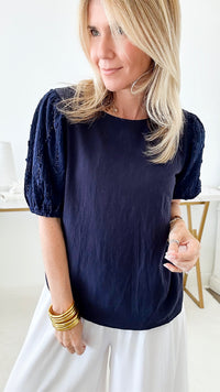 Contrast Jacquard Top - Navy-110 Short Sleeve Tops-LIME 'N' CHILI-Coastal Bloom Boutique, find the trendiest versions of the popular styles and looks Located in Indialantic, FL