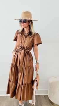 Tier I Come Poplin Button Front Tiered Dress - Mocha-200 dresses/jumpsuits/rompers-SUGARLIPS-Coastal Bloom Boutique, find the trendiest versions of the popular styles and looks Located in Indialantic, FL