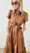 Tier I Come Poplin Button Front Tiered Dress - Mocha-200 dresses/jumpsuits/rompers-SUGARLIPS-Coastal Bloom Boutique, find the trendiest versions of the popular styles and looks Located in Indialantic, FL