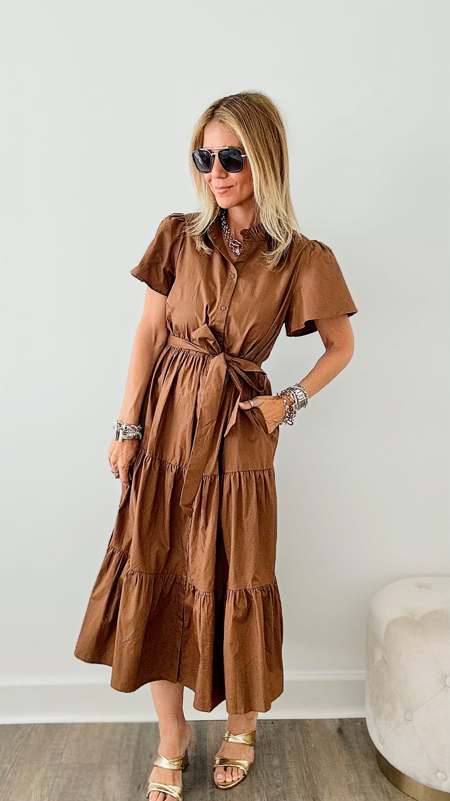 Tier I Come Poplin Button Front Tiered Dress - Mocha-200 dresses/jumpsuits/rompers-SUGARLIPS-Coastal Bloom Boutique, find the trendiest versions of the popular styles and looks Located in Indialantic, FL