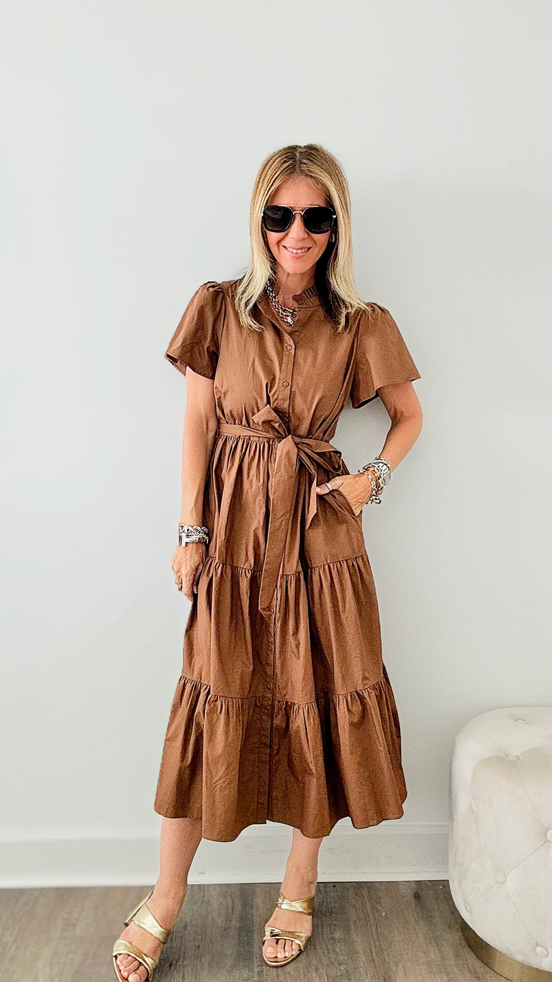 Tier I Come Poplin Button Front Tiered Dress - Mocha-200 dresses/jumpsuits/rompers-SUGARLIPS-Coastal Bloom Boutique, find the trendiest versions of the popular styles and looks Located in Indialantic, FL