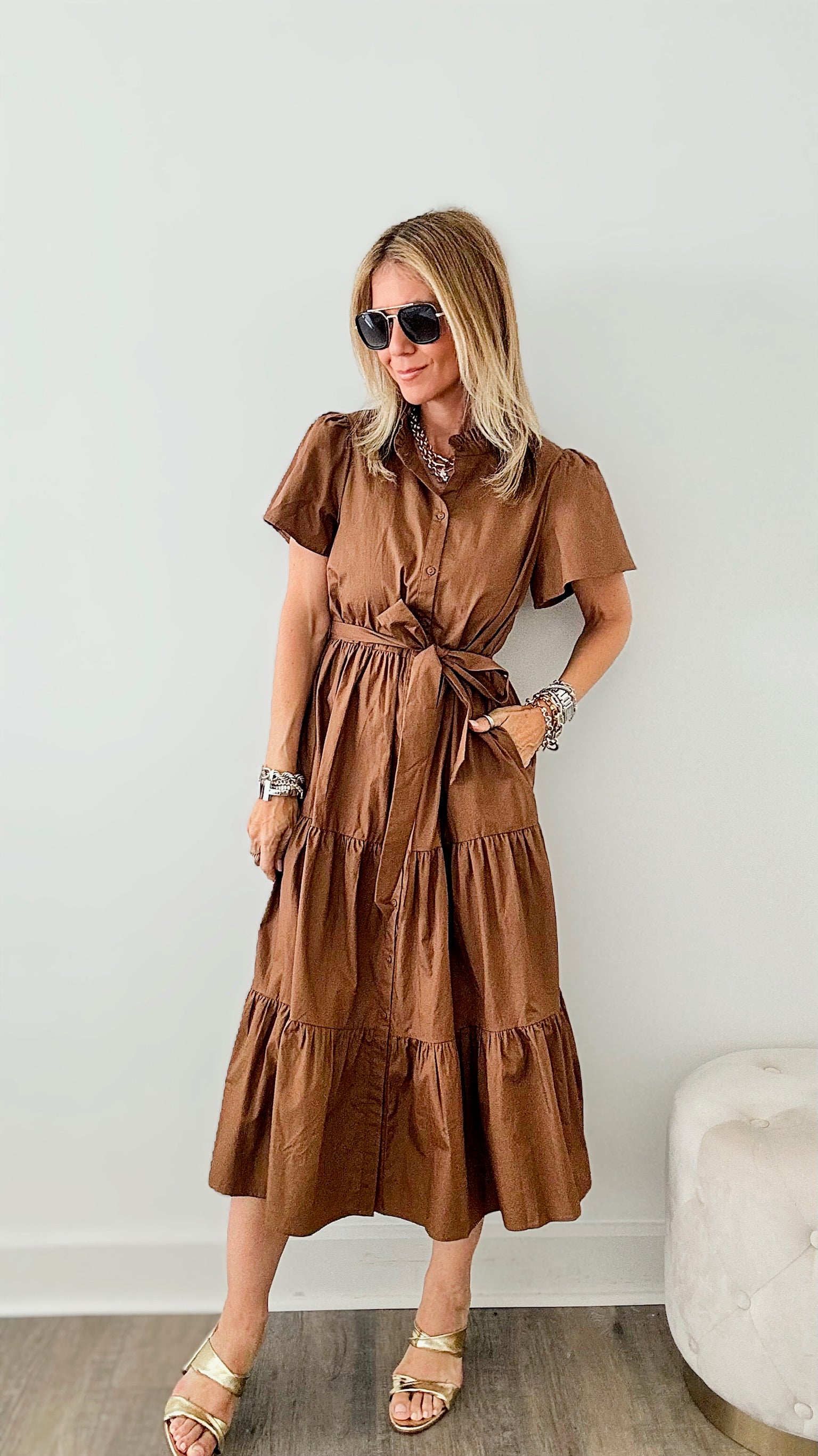 Tier I Come Poplin Button Front Tiered Dress - Mocha-200 dresses/jumpsuits/rompers-SUGARLIPS-Coastal Bloom Boutique, find the trendiest versions of the popular styles and looks Located in Indialantic, FL