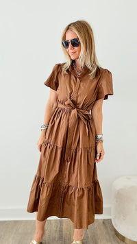 Tier I Come Poplin Button Front Tiered Dress - Mocha-200 dresses/jumpsuits/rompers-SUGARLIPS-Coastal Bloom Boutique, find the trendiest versions of the popular styles and looks Located in Indialantic, FL