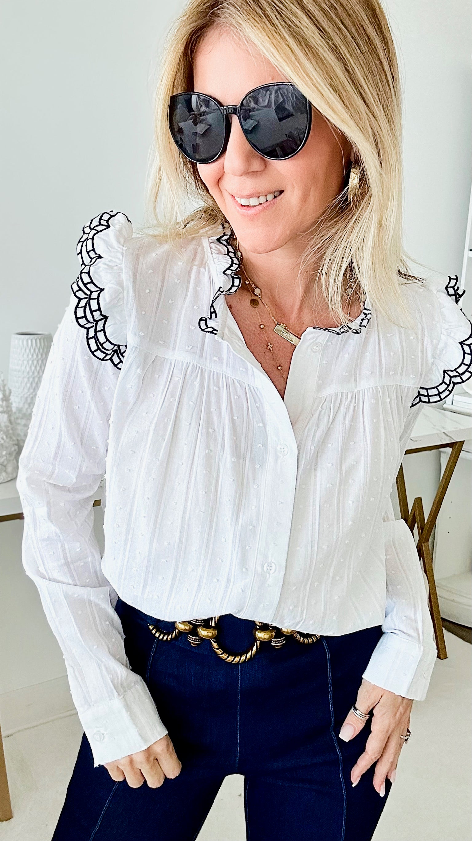 Swiss Dot Ruffle Blouse - White-130 Long Sleeve Tops-MAZIK-Coastal Bloom Boutique, find the trendiest versions of the popular styles and looks Located in Indialantic, FL