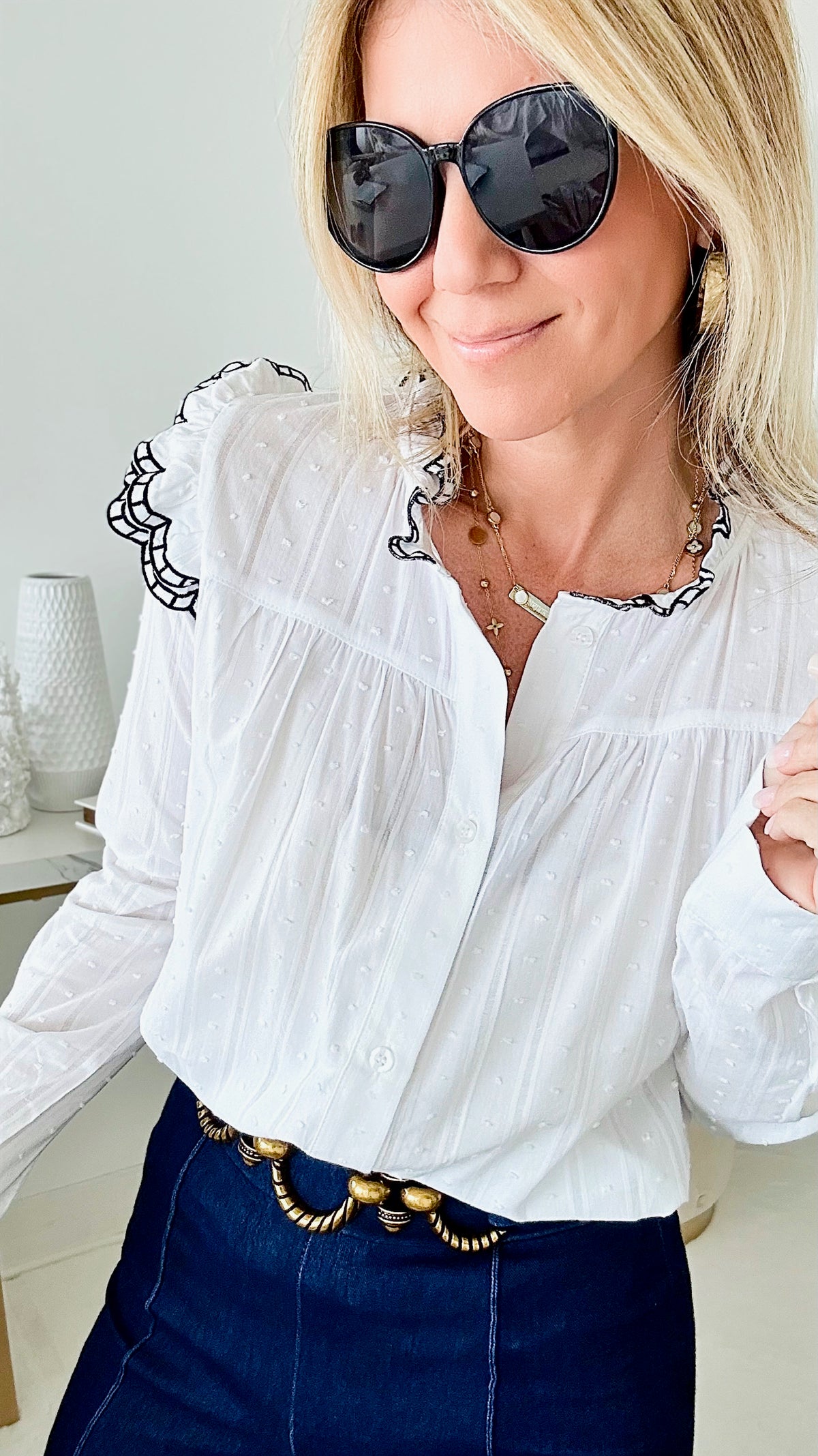 Swiss Dot Ruffle Blouse - White-130 Long Sleeve Tops-MAZIK-Coastal Bloom Boutique, find the trendiest versions of the popular styles and looks Located in Indialantic, FL