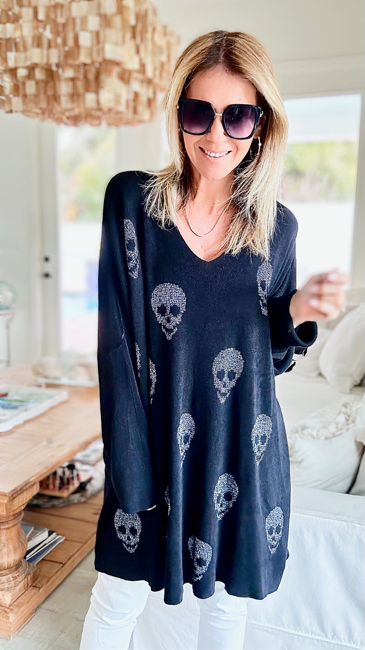 Skull V-Neck Italian Tunic - Black-200 dresses/jumpsuits/rompers-Venti6-Coastal Bloom Boutique, find the trendiest versions of the popular styles and looks Located in Indialantic, FL