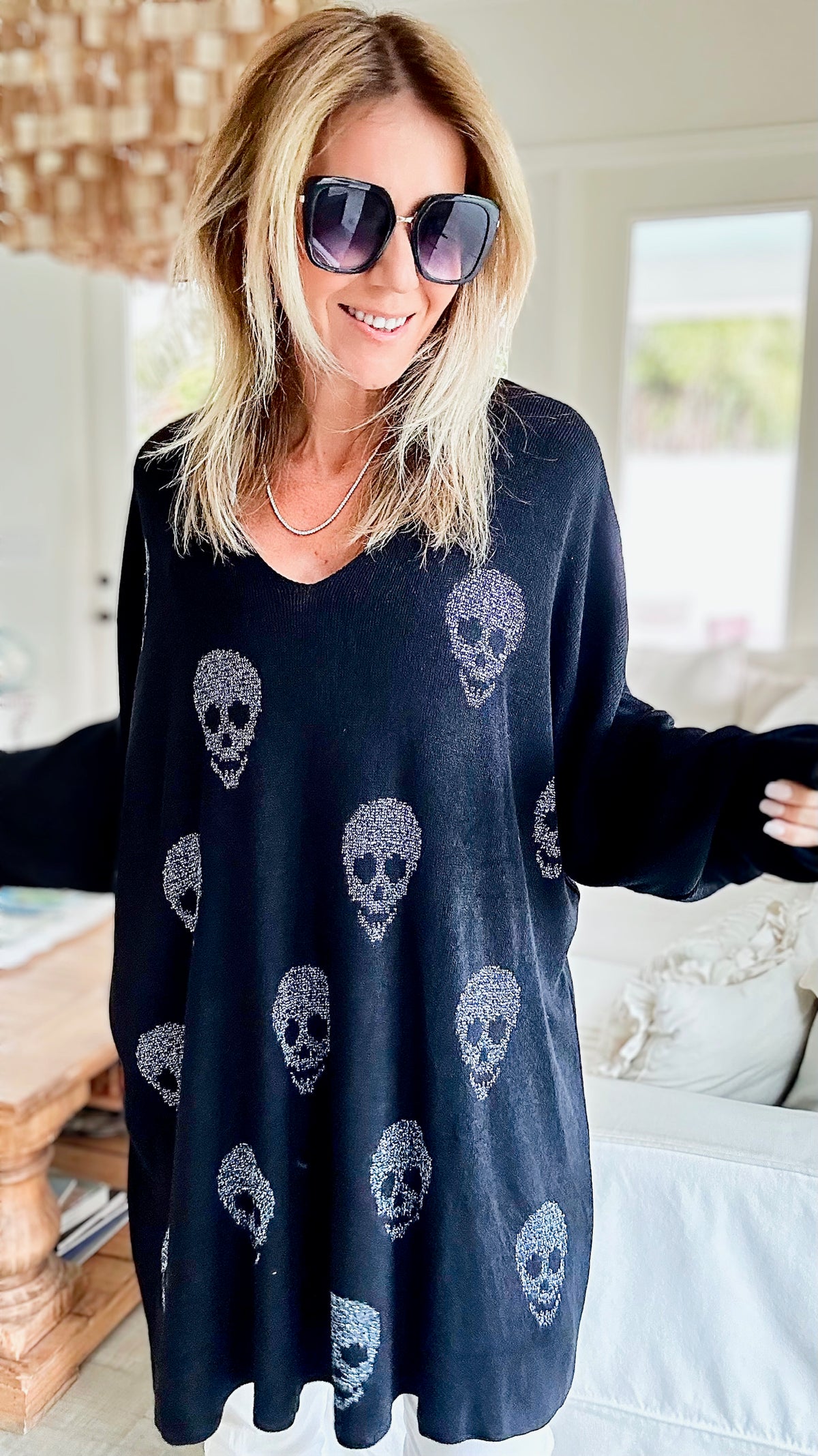 Skull V-Neck Italian Tunic - Black-200 dresses/jumpsuits/rompers-Venti6-Coastal Bloom Boutique, find the trendiest versions of the popular styles and looks Located in Indialantic, FL