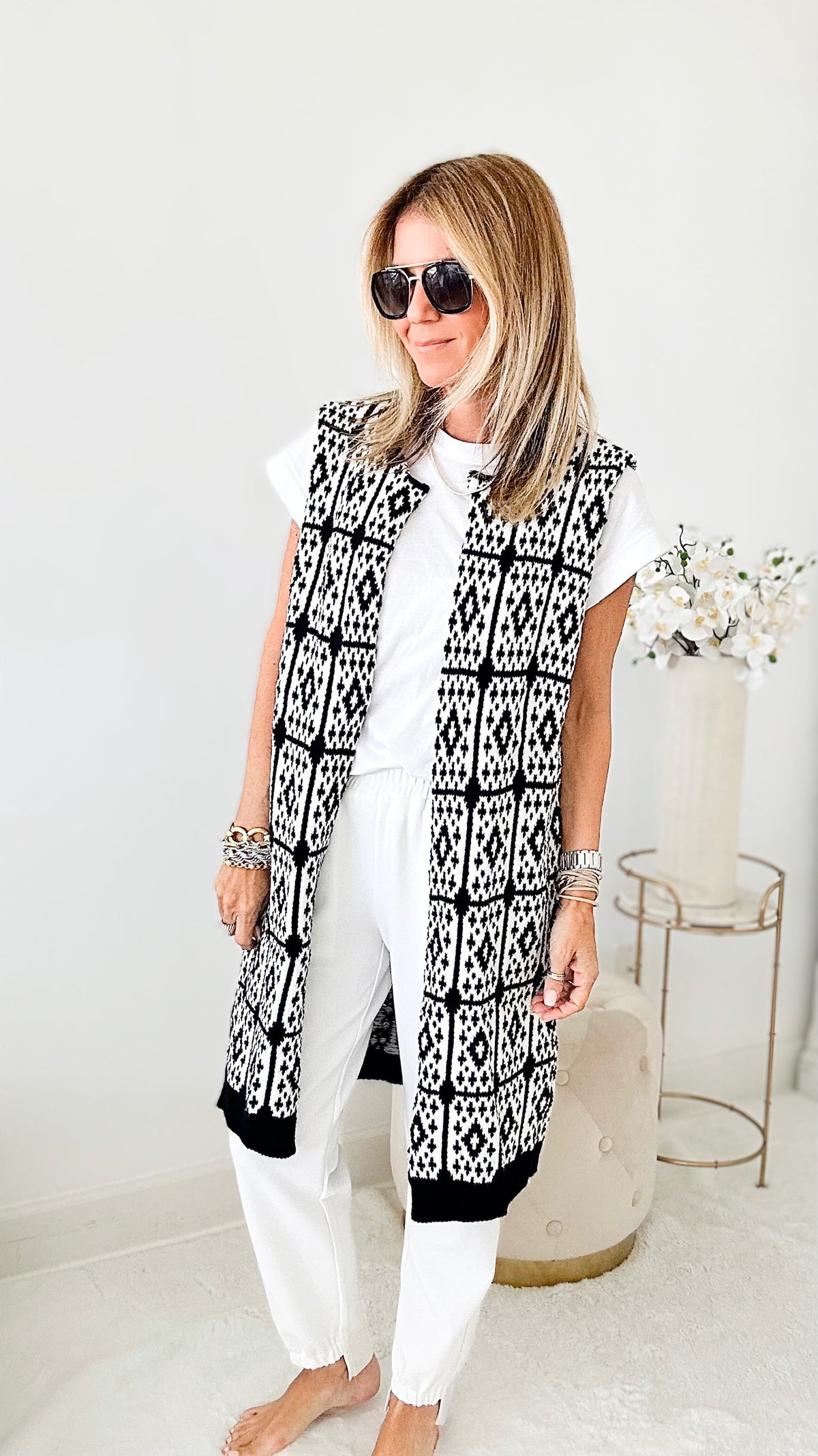 Jacquard Knit Long Cardigan Vest - Black/White-150 Cardigans/Layers-Venti6 Outlet-Coastal Bloom Boutique, find the trendiest versions of the popular styles and looks Located in Indialantic, FL