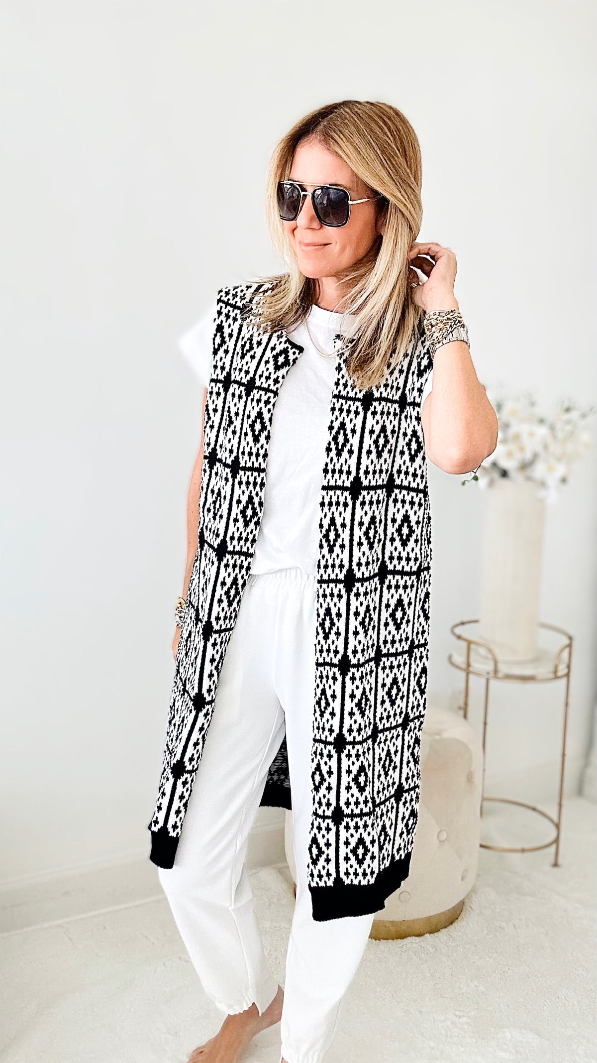 Jacquard Knit Long Cardigan Vest - Black/White-150 Cardigans/Layers-Venti6 Outlet-Coastal Bloom Boutique, find the trendiest versions of the popular styles and looks Located in Indialantic, FL