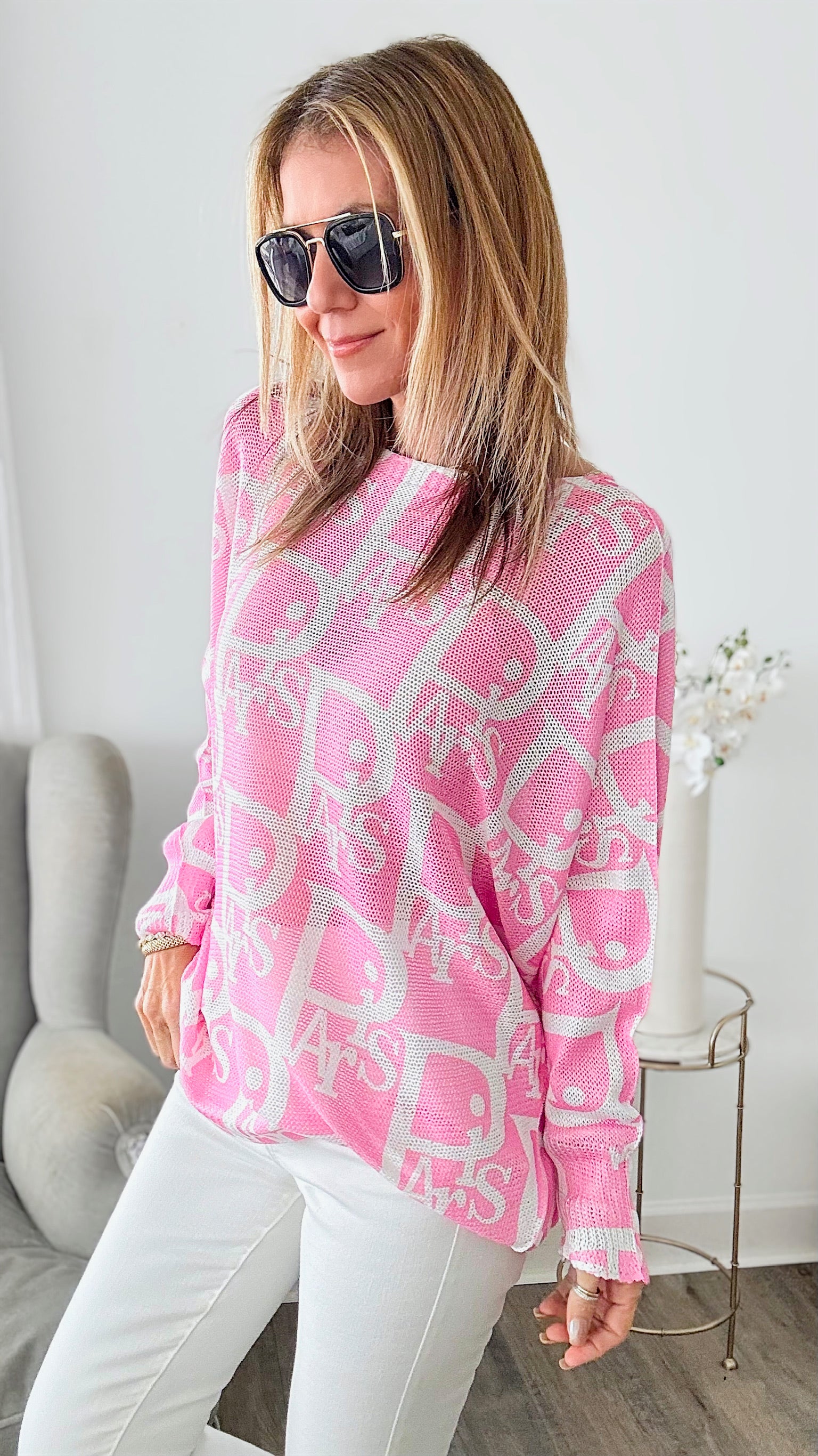Eiffel Elegance Italian St Tropez Sweater - Pink-140 Sweaters-Germany-Coastal Bloom Boutique, find the trendiest versions of the popular styles and looks Located in Indialantic, FL