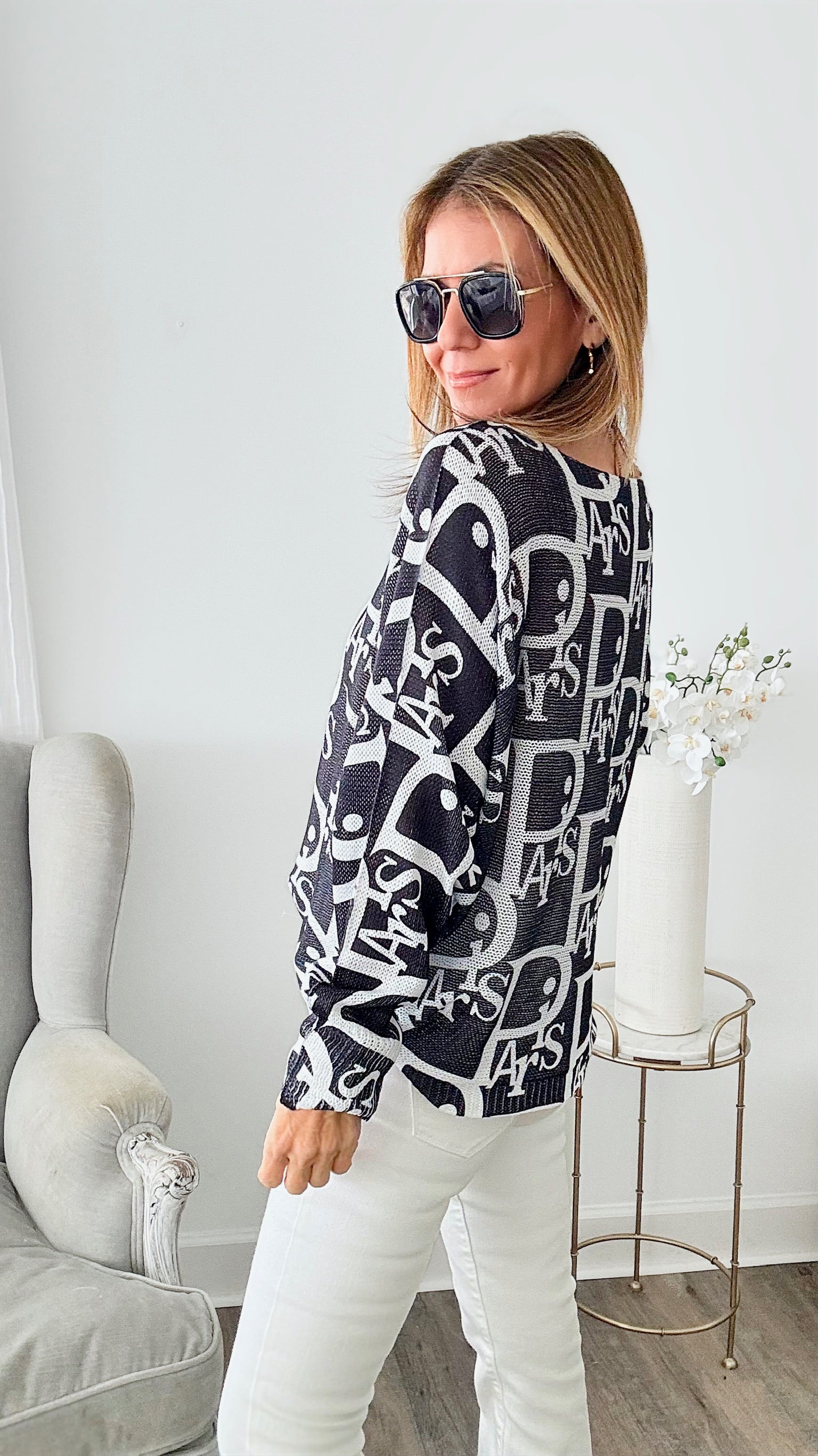 Eiffel Elegance Italian St Tropez Sweater - Black-140 Sweaters-Germany-Coastal Bloom Boutique, find the trendiest versions of the popular styles and looks Located in Indialantic, FL