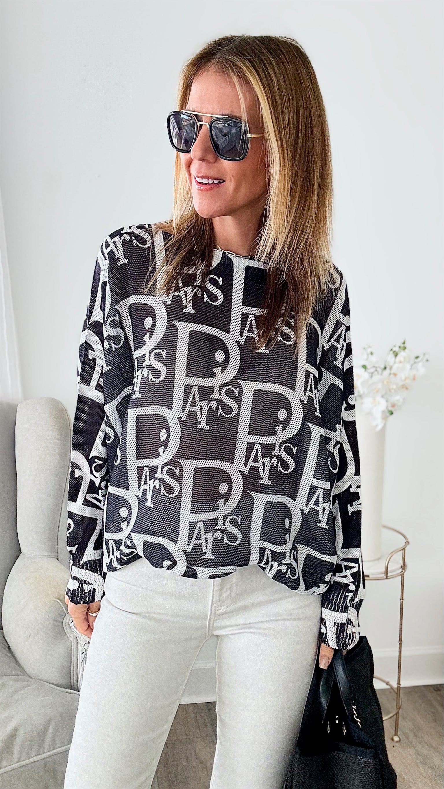 Eiffel Elegance Italian St Tropez Sweater - Black-140 Sweaters-Italianissimo-Coastal Bloom Boutique, find the trendiest versions of the popular styles and looks Located in Indialantic, FL