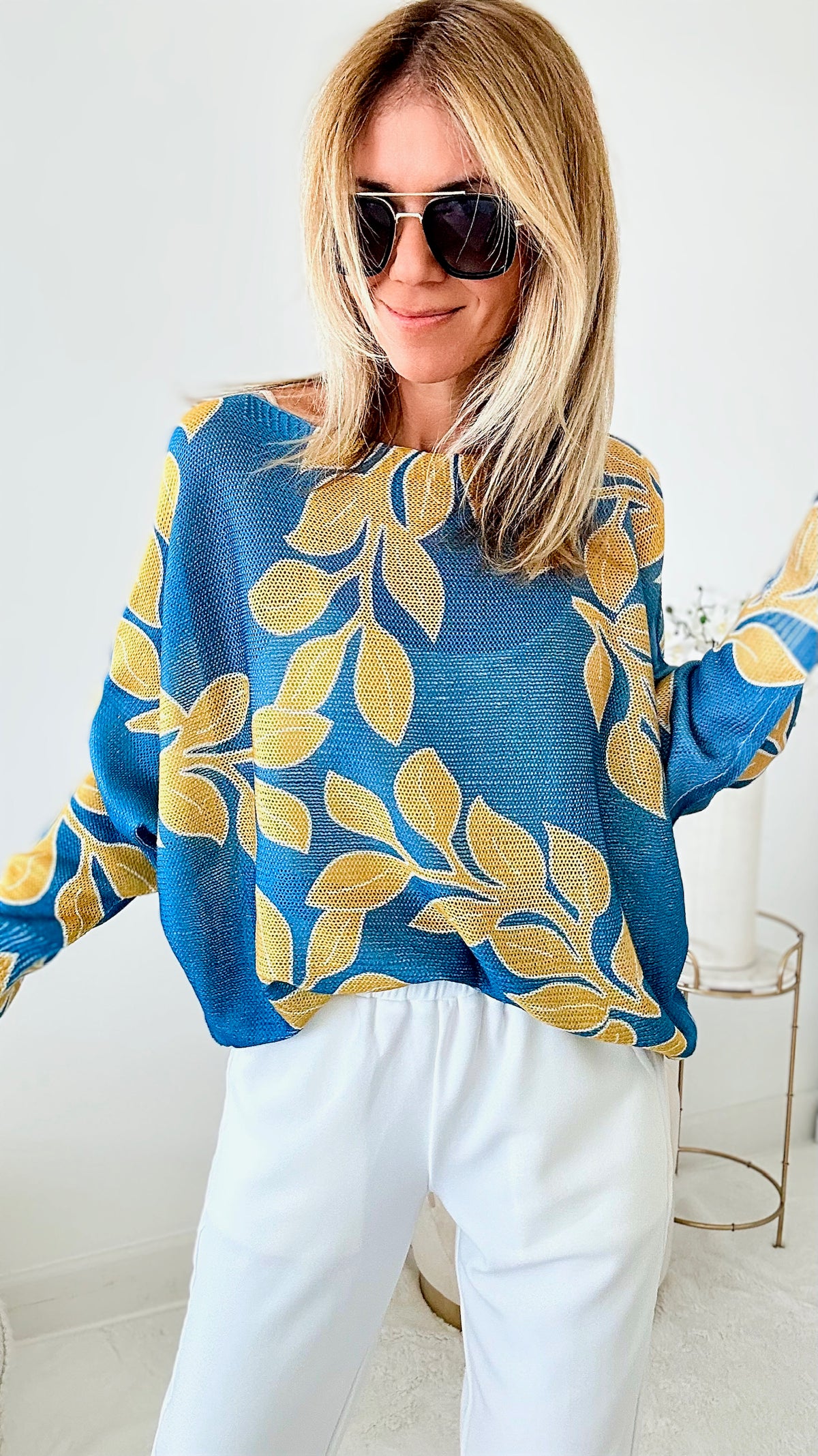 CB Exclusive Italian St Tropez Nature's Gift Knit Sweater - Teal/Gold-140 Sweaters-Germany-Coastal Bloom Boutique, find the trendiest versions of the popular styles and looks Located in Indialantic, FL