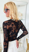 Glam Girl Floral Lace Mesh Bodysuit - Black-130 Long Sleeve Tops-CES FEMME-Coastal Bloom Boutique, find the trendiest versions of the popular styles and looks Located in Indialantic, FL