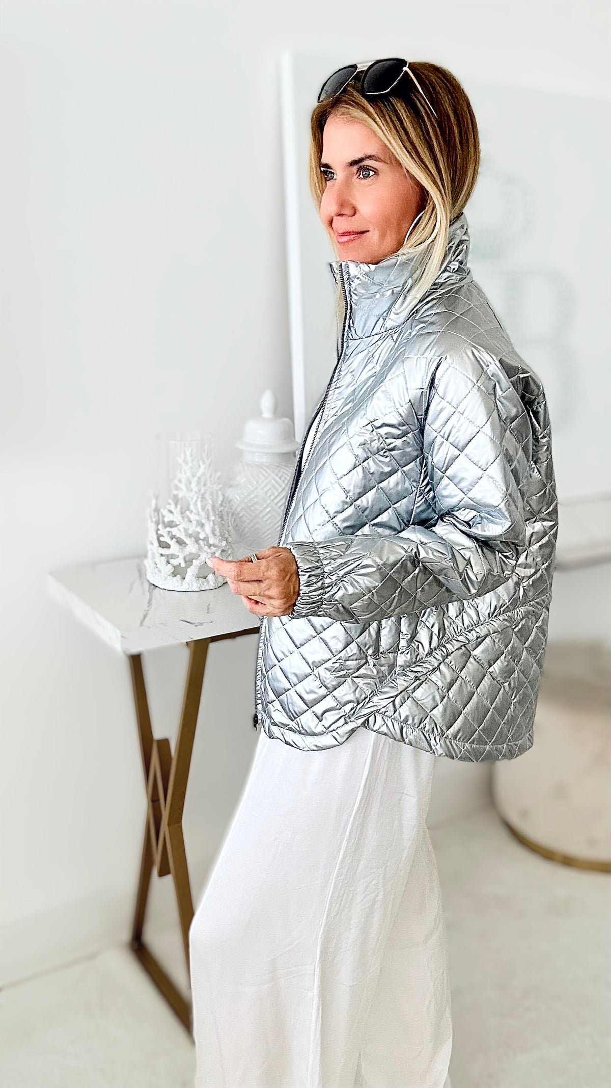 Lux Metallic Zip Up Jacket - Silver-160 Jackets-MAZIK-Coastal Bloom Boutique, find the trendiest versions of the popular styles and looks Located in Indialantic, FL