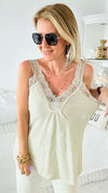 Elegant Italian Lace & Crinkle Italian Top - Beige-100 Sleeveless Tops-Germany-Coastal Bloom Boutique, find the trendiest versions of the popular styles and looks Located in Indialantic, FL