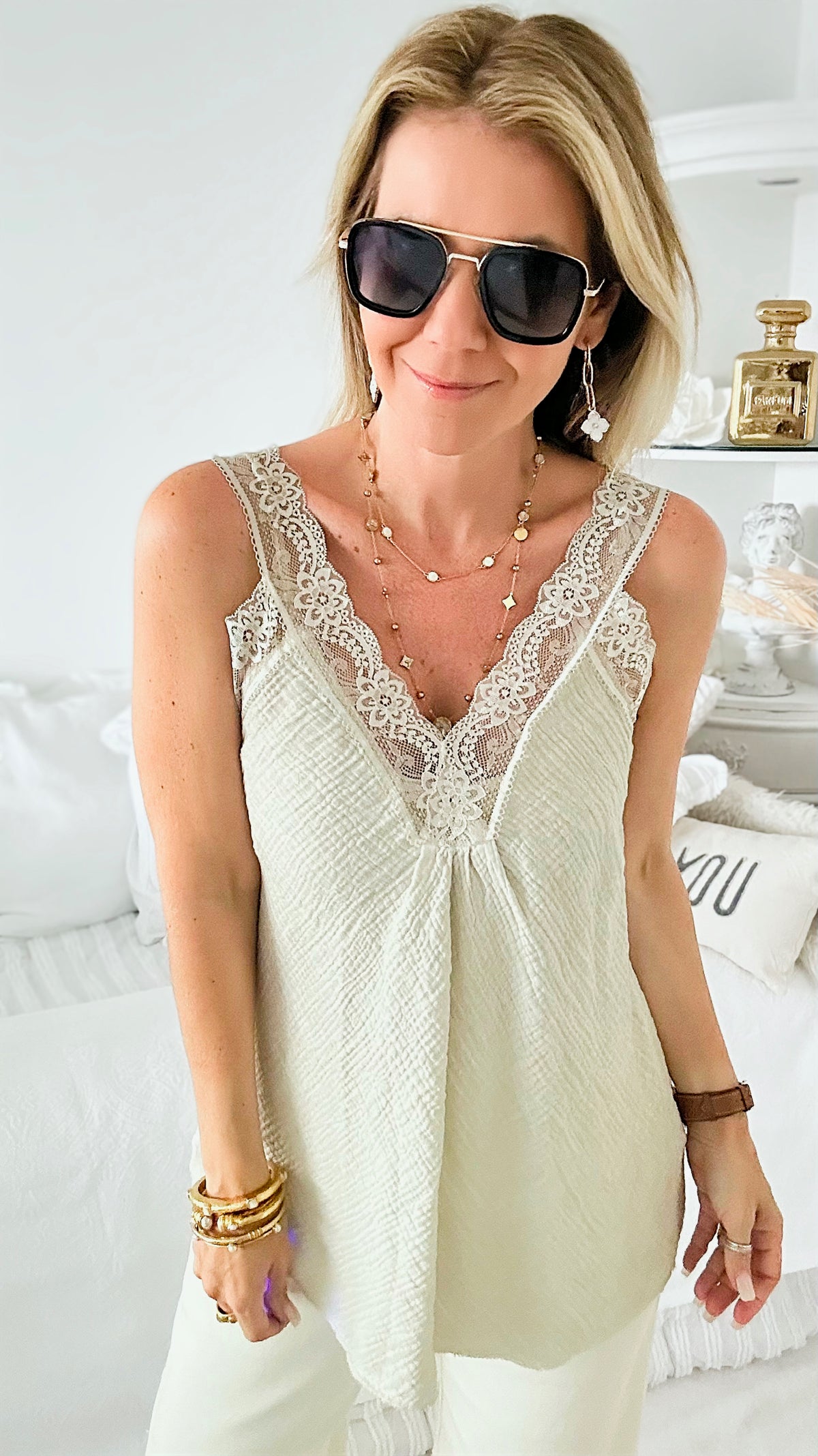 Elegant Italian Lace & Crinkle Italian Top - Beige-100 Sleeveless Tops-Yolly-Coastal Bloom Boutique, find the trendiest versions of the popular styles and looks Located in Indialantic, FL