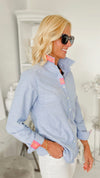 Oxford Ribbon Top - Blue Pink Yellow-130 Long Sleeve Tops-Pearly Vine-Coastal Bloom Boutique, find the trendiest versions of the popular styles and looks Located in Indialantic, FL